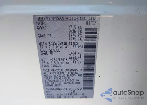 2017 Nissan Pathfinder S из США, поврежденный, VIN 5N1DR2MN8HC673357